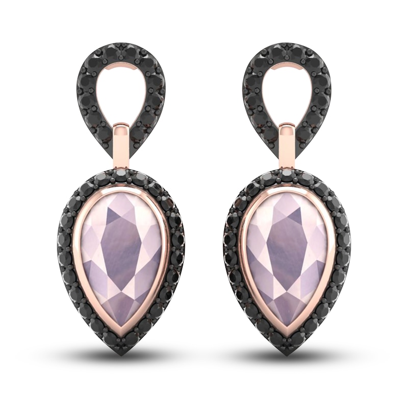 Black Diamond & Natural Pink Quartz Dangle Earrings 1/2 ct tw Round 10K Rose Gold