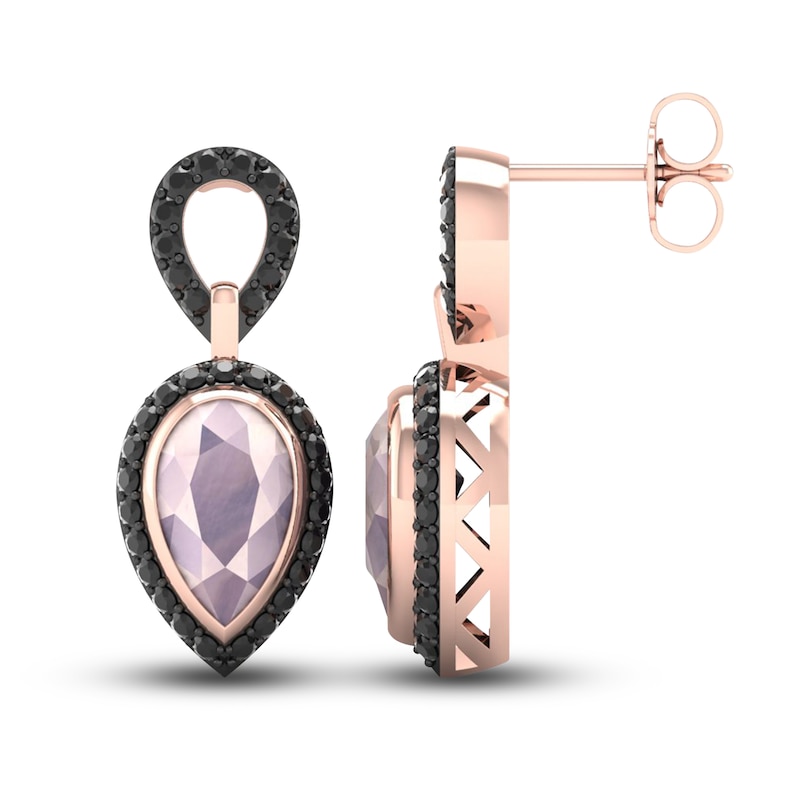 Black Diamond & Natural Pink Quartz Dangle Earrings 1/2 ct tw Round 10K Rose Gold