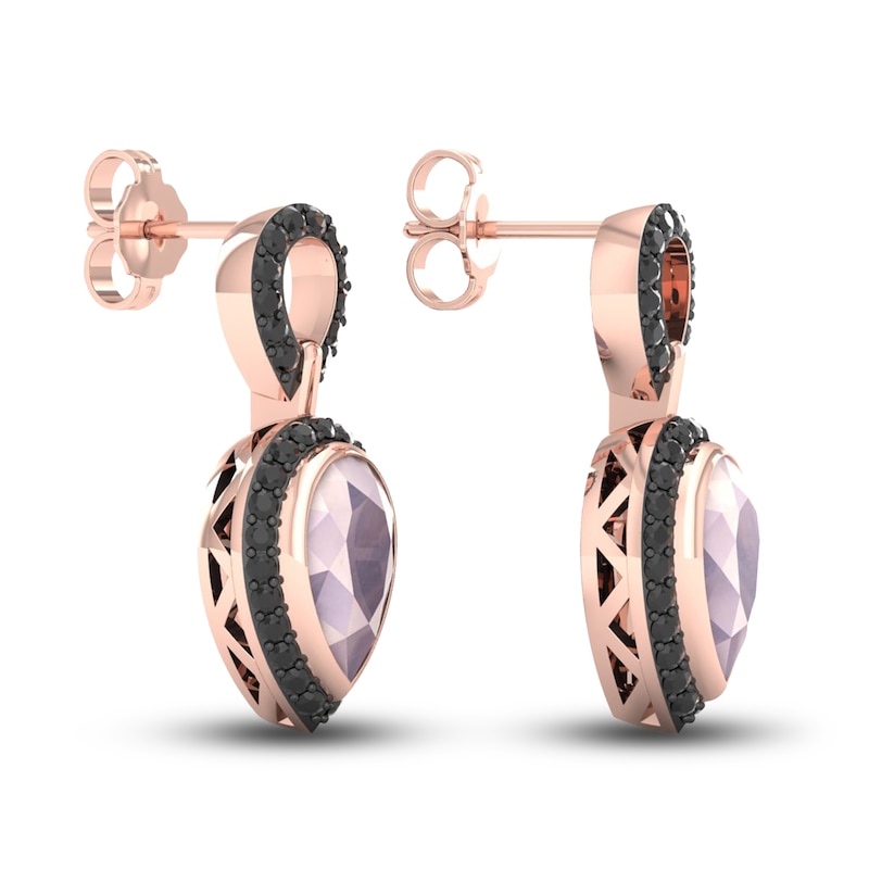Black Diamond & Natural Pink Quartz Dangle Earrings 1/2 ct tw Round 10K Rose Gold