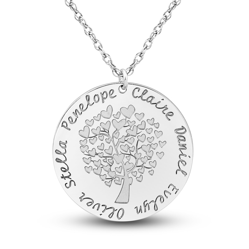 Engravable Family Tree Pendant Necklace 10K White Gold 25mm 18" Adj.