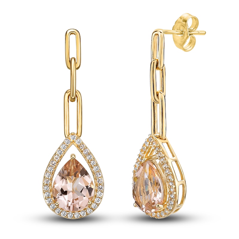 Natural Morganite & Natural White Topaz Paperclip Drop Earrings 10K Yellow Gold
