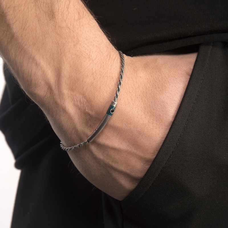 Marco Dal Maso Men's Black Diamond Accent Bracelet Green Enamel/Sterling Silver 8"