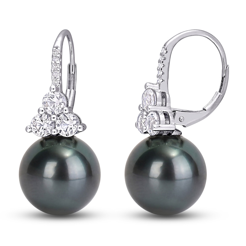 Main Image 1 of Tahitian Cultured Freshwater Pearl & White Lab-Created Sapphire Earrings 1/20 ct tw Round 10K White Gold