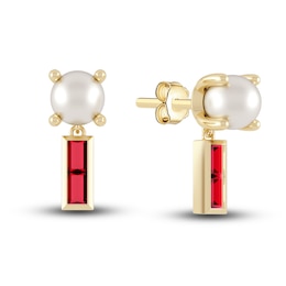 Juliette Maison Natural Ruby Baguette and Cultured Freshwater Pearl Earrings 10K Yellow Gold