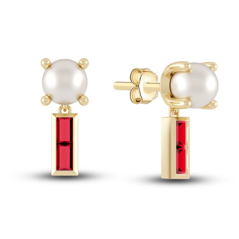 Juliette Maison Natural Ruby Baguette and Freshwater Cultured Pearl Earrings 10K Yellow Gold