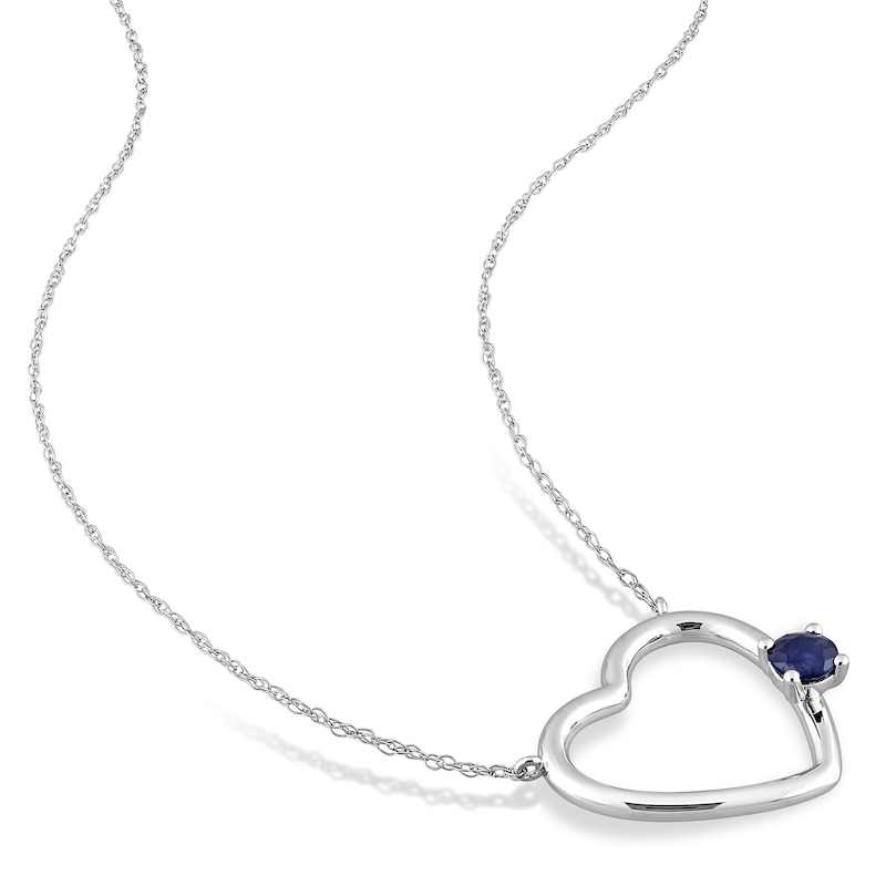 Natural Sapphire Heart Necklace 10K White Gold 17"