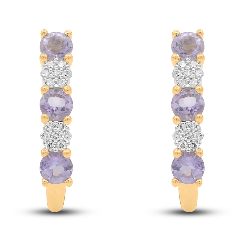 Main Image 1 of Natural Amethyst J-Hoop Earrings 1/15 ct tw Round 14K Yellow Gold