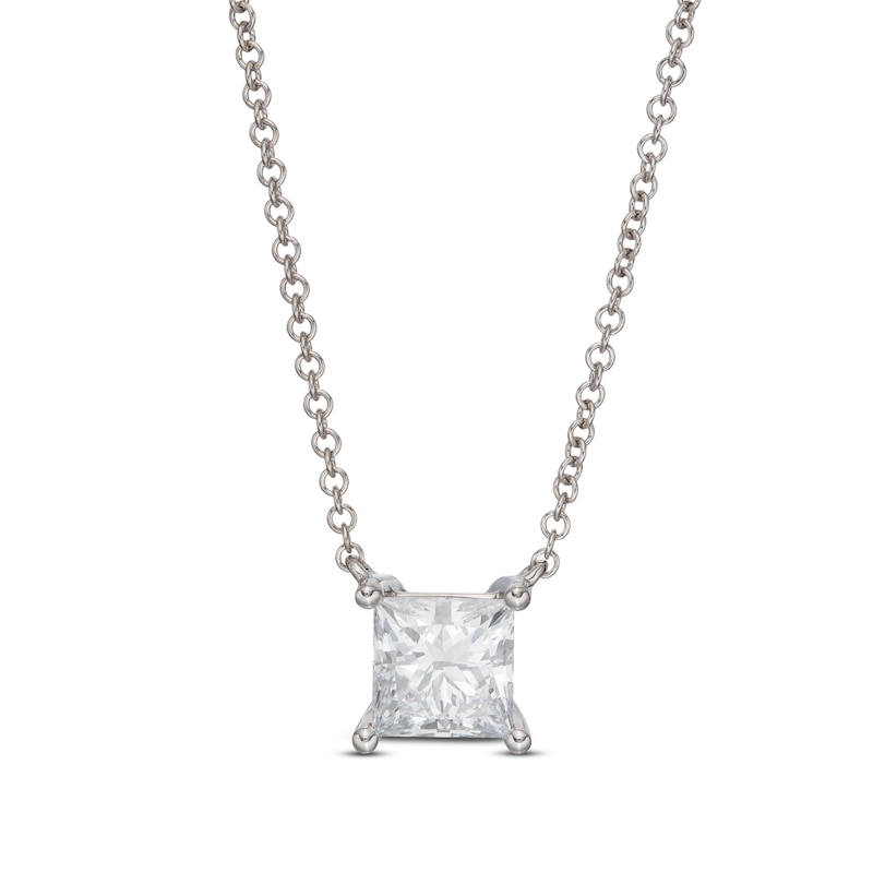 Main Image 1 of Lab-Grown Diamond Solitaire Necklace 1 ct tw Princess 14K White Gold 19" (SI2/F)