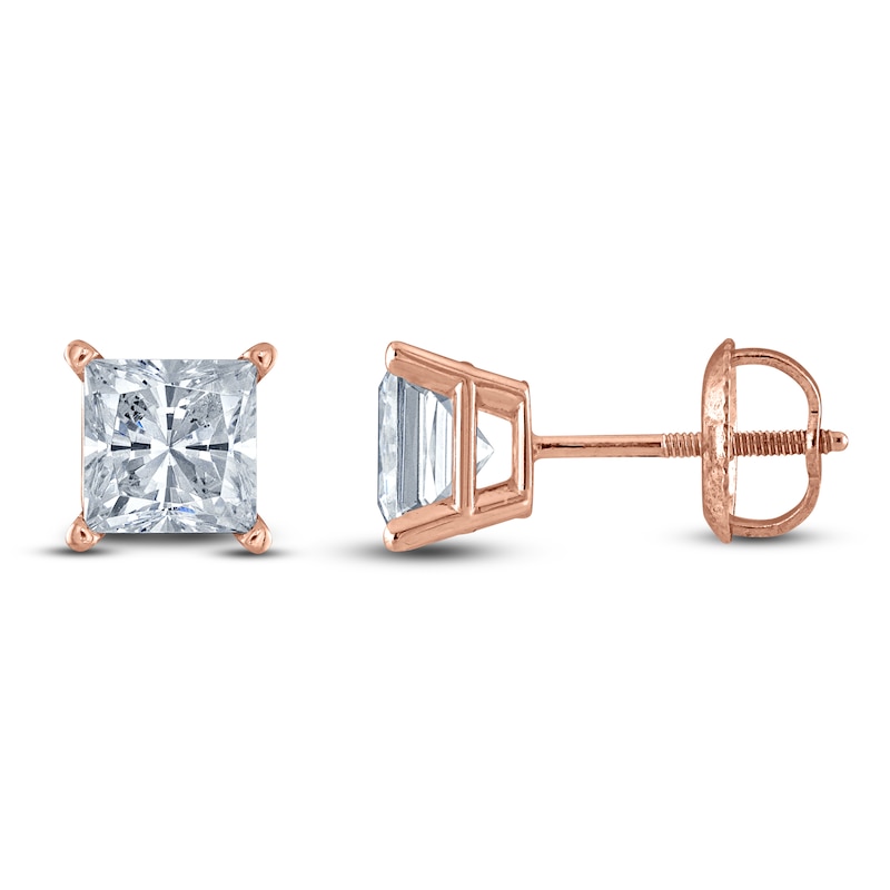 Main Image 1 of Princess-Cut Lab-Grown Diamond Solitaire Stud Earrings 1-1/4 ct tw 14K Rose Gold (F/SI2)