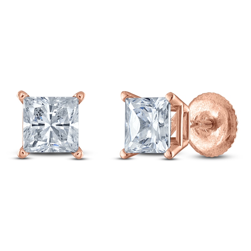 Main Image 2 of Princess-Cut Lab-Grown Diamond Solitaire Stud Earrings 1-1/4 ct tw 14K Rose Gold (F/SI2)