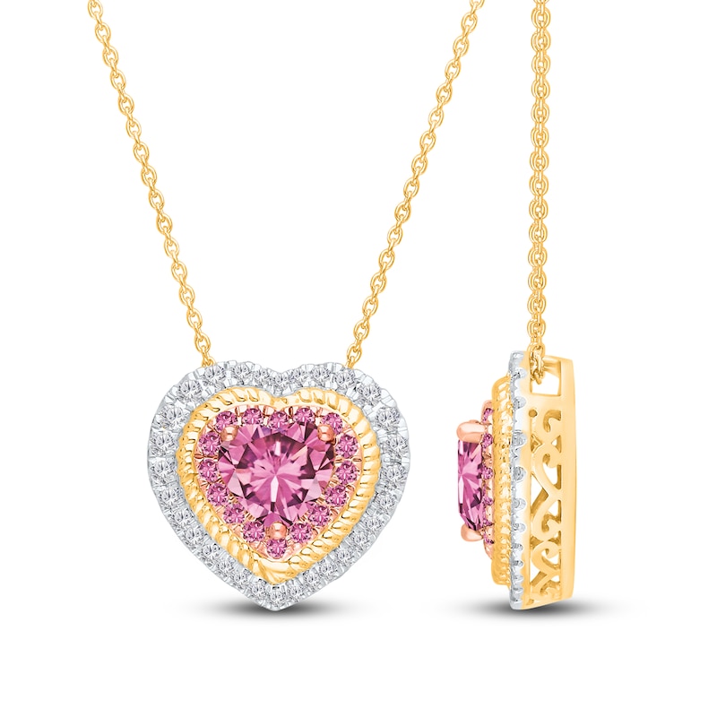Main Image 2 of Kallati Heart-Cut Natural Pink Sapphire & Diamond Necklace 1/5 ct tw Round 14K Yellow Gold