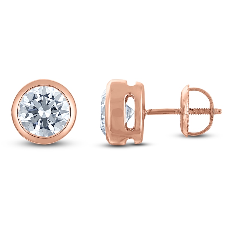 Main Image 1 of Certified Round-Cut Diamond Bezel-Set Solitaire Stud Earrings 1 ct tw 14K Rose Gold (I1/I)