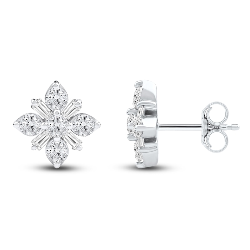 Main Image 2 of Baguette & Round-Cut Lab-Grown Diamond Snowflake Stud Earrings 1 ct tw 14K White Gold