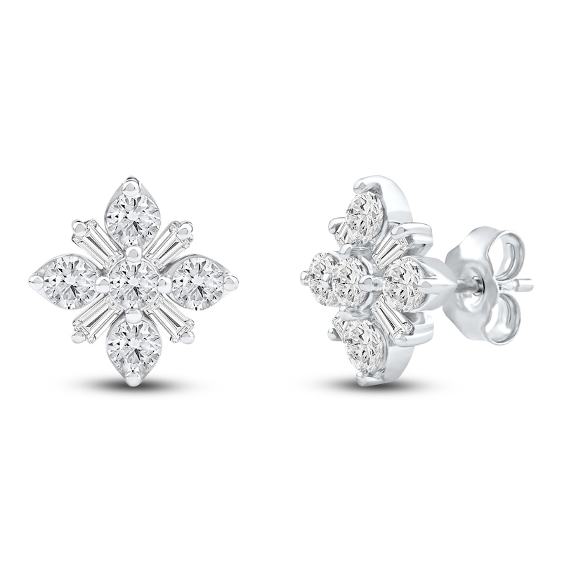 Main Image 3 of Baguette & Round-Cut Lab-Grown Diamond Snowflake Stud Earrings 1 ct tw 14K White Gold
