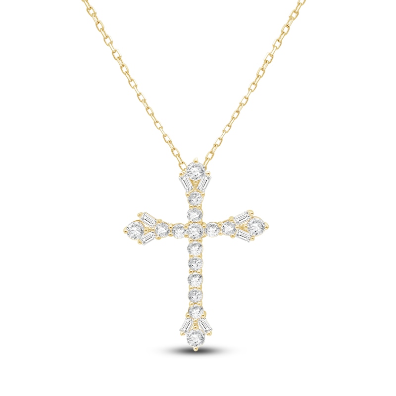 Main Image 1 of Baguette & Round-Cut Lab-Grown Diamond Cross Necklace 2 ct tw 14K Yellow Gold 18"