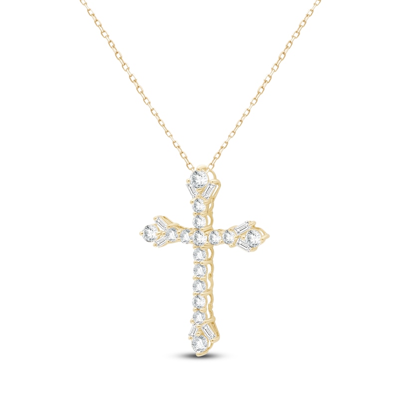 Main Image 2 of Baguette & Round-Cut Lab-Grown Diamond Cross Necklace 2 ct tw 14K Yellow Gold 18"