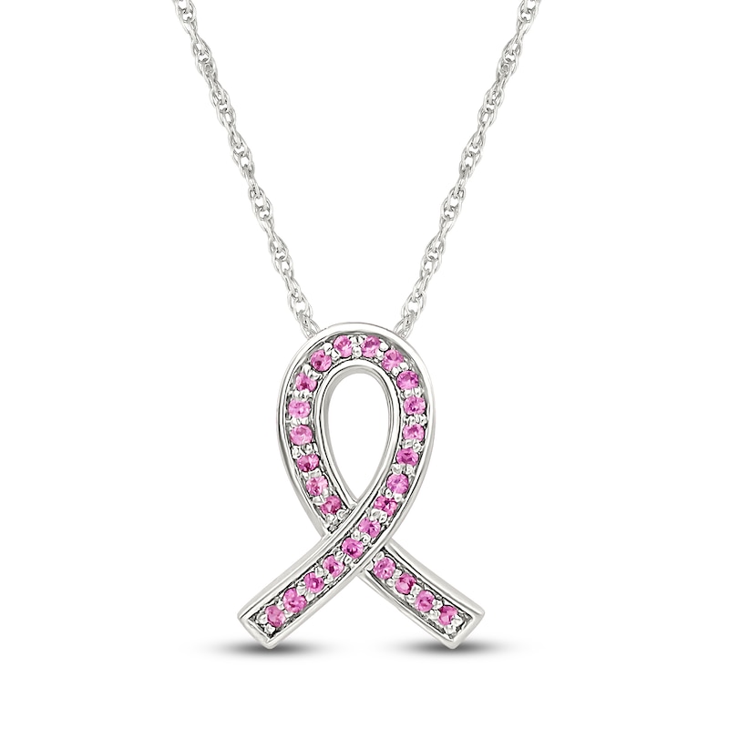 Main Image 1 of Pink Lab-Created Sapphire Ribbon Necklace Sterling Silver 18"