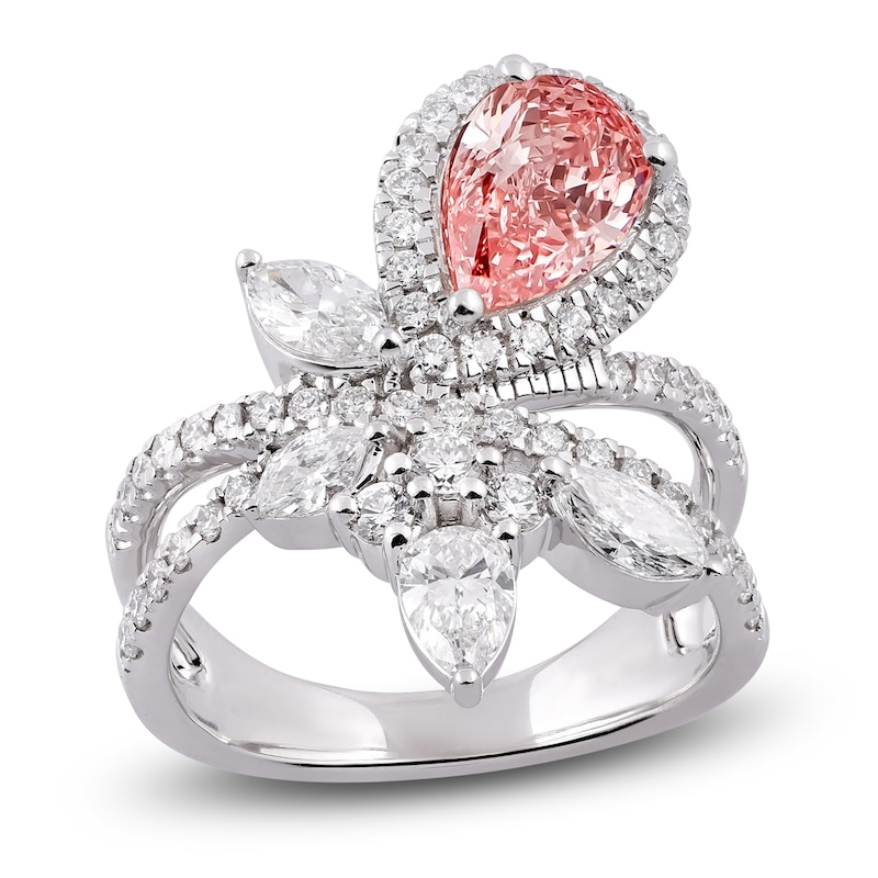 Main Image 1 of Pear-Shaped Pink Lab-Grown Diamond & White Lab-Grown Diamond Ring 3 ct tw 14K White Gold