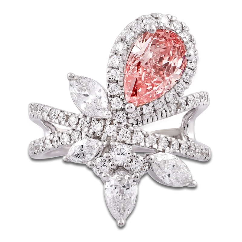 Main Image 3 of Pear-Shaped Pink Lab-Grown Diamond & White Lab-Grown Diamond Ring 3 ct tw 14K White Gold