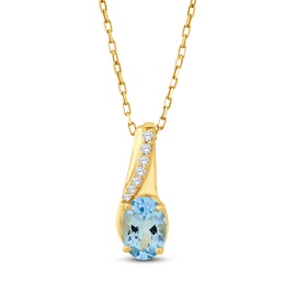 Oval-Cut Natural Aquamarine & Diamond Necklace 1/20 ct tw 10K Yellow Gold 18"