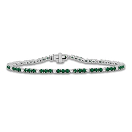 Lab-Created Emerald & White Lab-Created Sapphire Line Bracelet Sterling Silver 7.5"