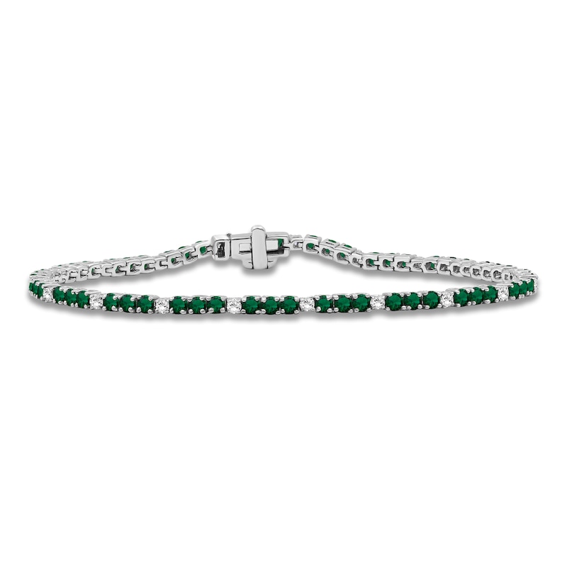 Main Image 1 of Lab-Created Emerald & White Lab-Created Sapphire Line Bracelet Sterling Silver 7.5"