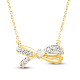Baguette & Round-Cut Diamond Bow Necklace 1/10 ct tw 10K Yellow Gold 18"