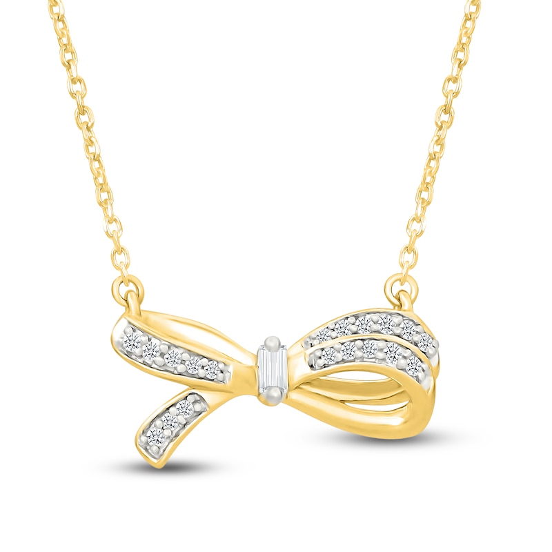 Main Image 1 of Baguette & Round-Cut Diamond Bow Necklace 1/10 ct tw 10K Yellow Gold 18"