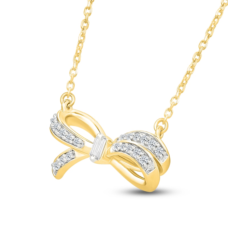 Main Image 2 of Baguette & Round-Cut Diamond Bow Necklace 1/10 ct tw 10K Yellow Gold 18"