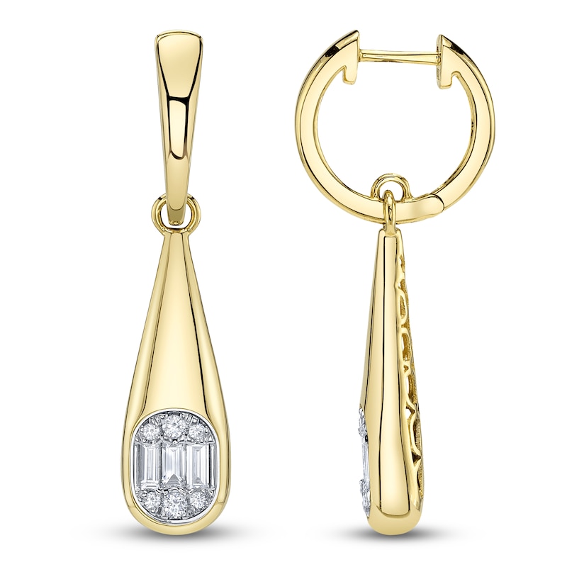 Main Image 1 of Shy ICON Lumeria Baguette & Round-Cut Multi-Diamond Drop Hoop Earrings 1/3 ct tw 14K Yellow Gold