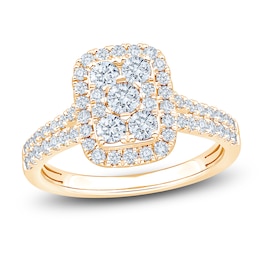 Certified Multi-Diamond Cushion Halo Engagement Ring 1 ct tw 14K Yellow Gold