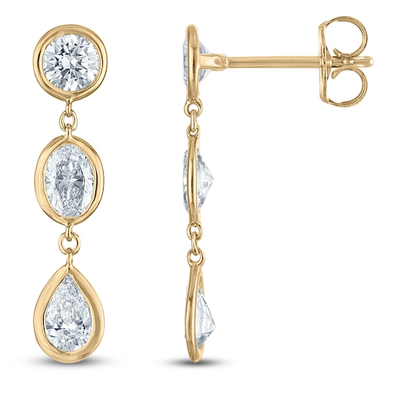 Jared Signature Bezel Collection Pear, Oval & Round-Cut Lab-Grown Diamond Three-Stone Drop Earrings 1-1/2 ct tw 14K Yellow Gold