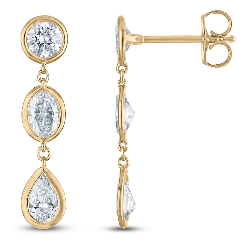 Main Image 1 of Jared Signature Bezel Collection Pear, Oval & Round-Cut Lab-Grown Diamond Three-Stone Drop Earrings 1-1/2 ct tw 14K Yellow Gold
