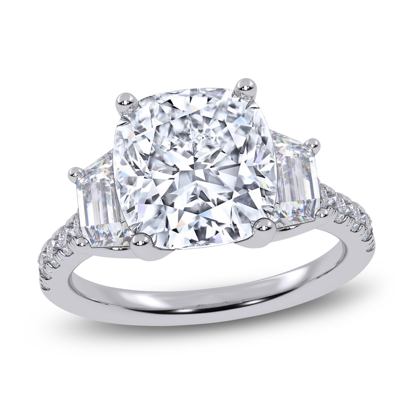 Main Image 1 of Cushion & Trapezoid-Cut Lab-Grown Diamond Three-Stone Engagement Ring 5-1/3 ct tw 14K White Gold