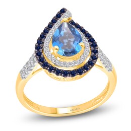 Kallati Pear-Shaped Natural London Blue Topaz, Natural Blue Sapphire & Diamond Double Halo Ring 1/4 ct tw 14K Yellow Gold