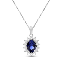 Oval-Cut Natural Blue Sapphire & Diamond Starburst Halo Necklace 1/5 ct tw 14K White Gold 18"