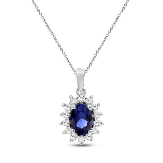 Oval-Cut Natural Blue Sapphire & Diamond Starburst Halo Necklace 1/5 ct tw 14K White Gold 18"