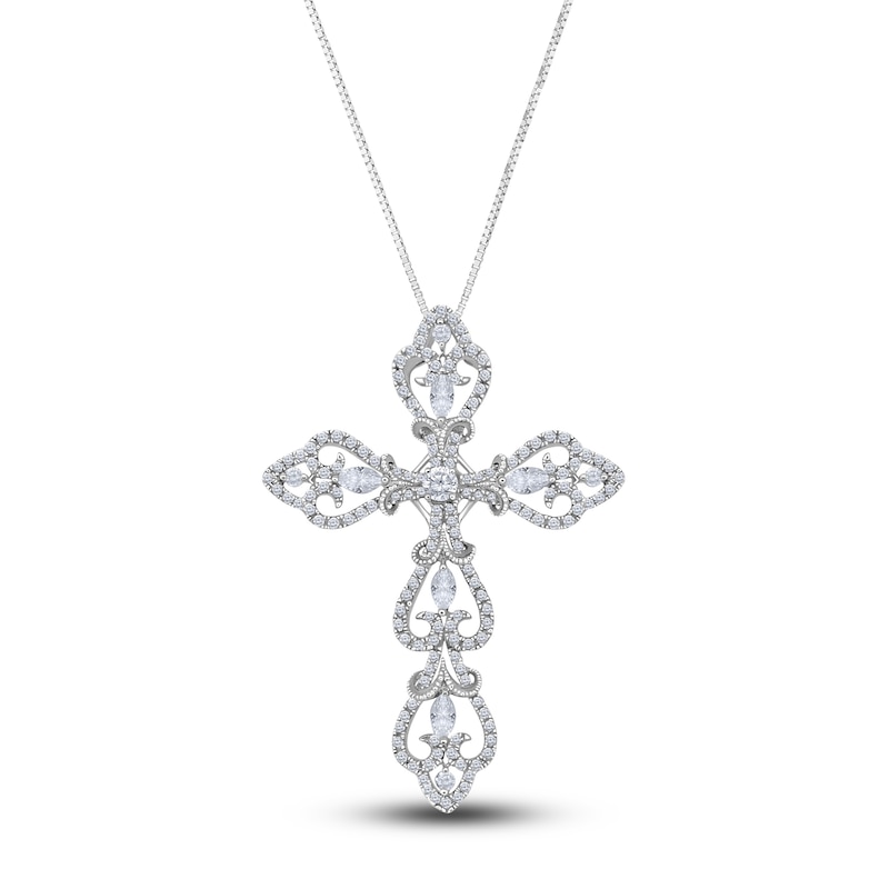 Main Image 1 of Diamond Cross Pendant Necklace 1 ct tw Round/Marquise 14K White Gold 18"