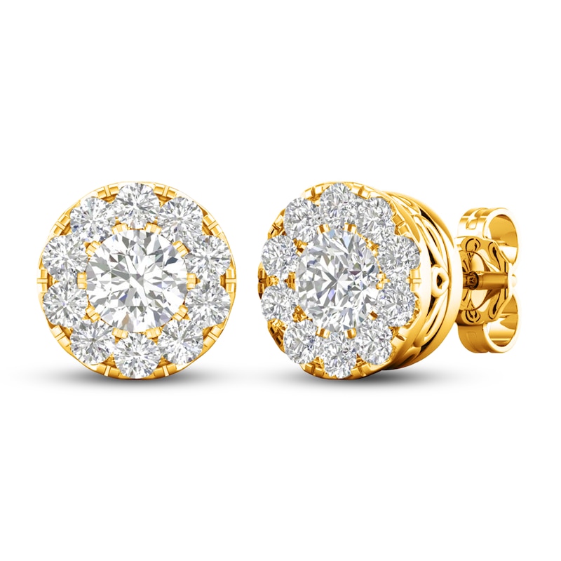 Main Image 1 of Lab-Grown Diamond Halo Earrings 1-1/2 ct tw Round 14K Yellow Gold