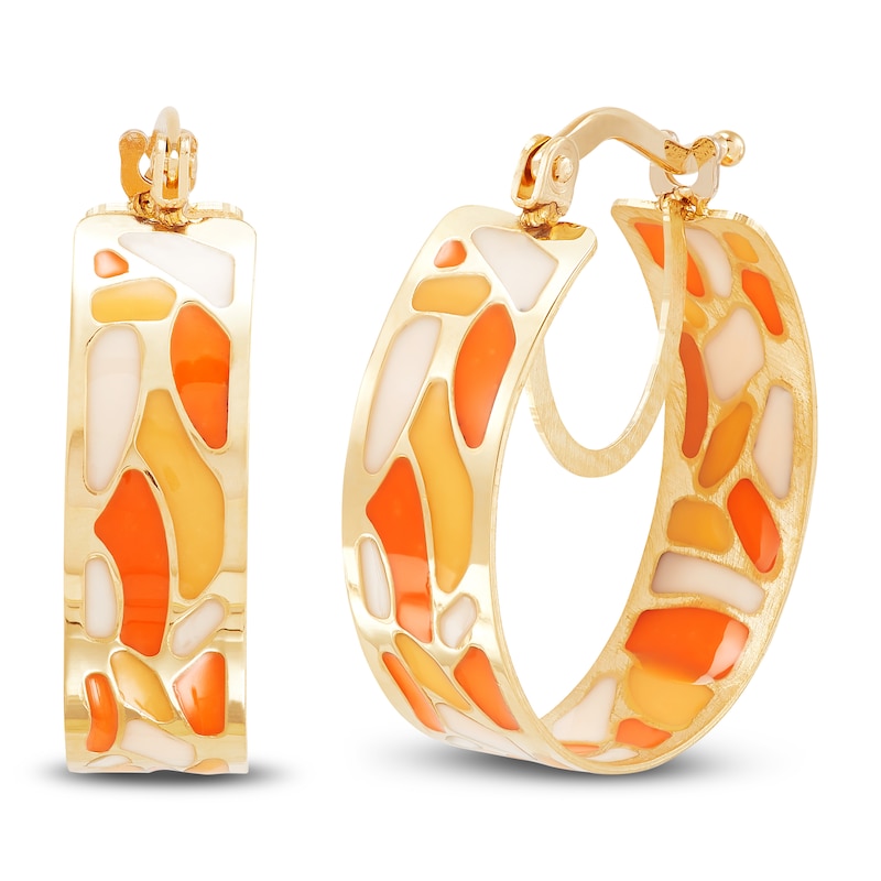Italia D'Oro Bridged Hoop Earrings Orange/Yellow/ White Enamel 14K Yellow Gold