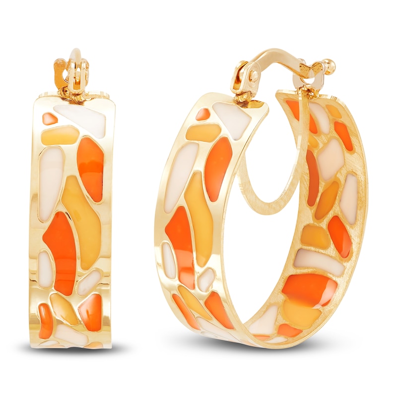 Main Image 1 of Italia D'Oro Bridged Hoop Earrings Orange/Yellow/ White Enamel 14K Yellow Gold