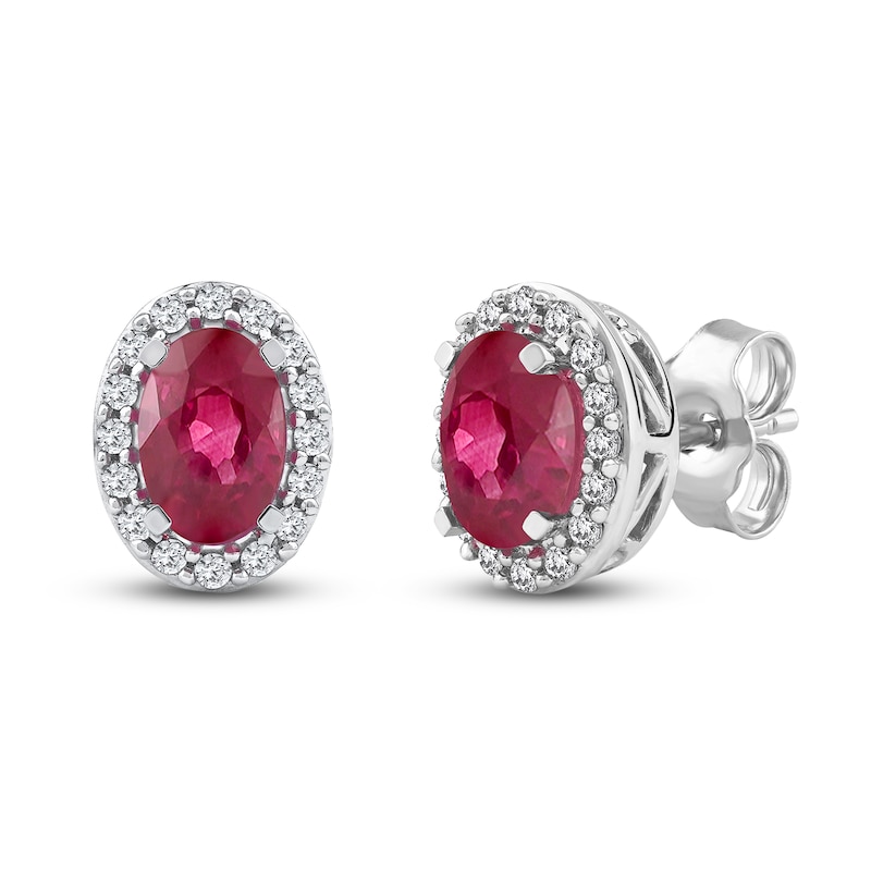 Oval-Cut Natural Ruby & Diamond Earrings 1/6 ct tw 14K White Gold
