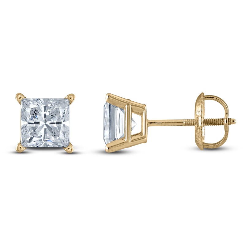 Main Image 1 of Princess-Cut Lab-Grown Diamond Solitaire Stud Earrings 1-1/2 ct tw 14K Yellow Gold (F/SI2)