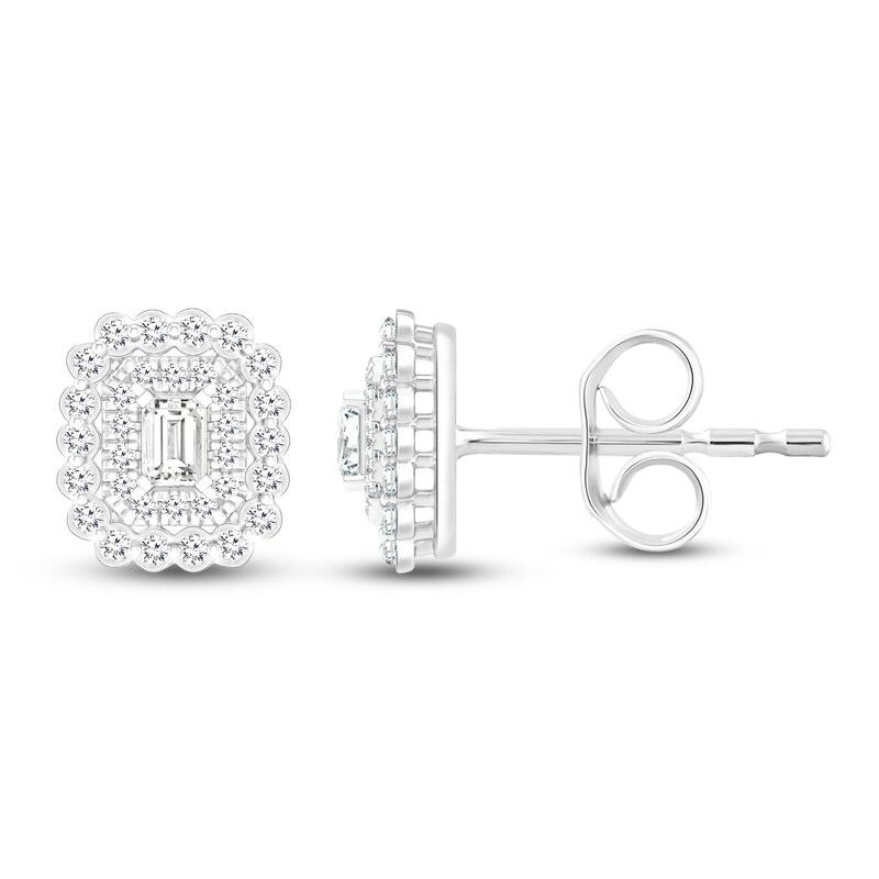 Emerald-Cut & Round Diamond Scalloped Halo Earrings 1/2 ct tw 10K White Gold