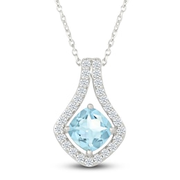 Cushion-Cut Natural Aquamarine & White Lab-Created Sapphire Halo Necklace Sterling Silver 18"