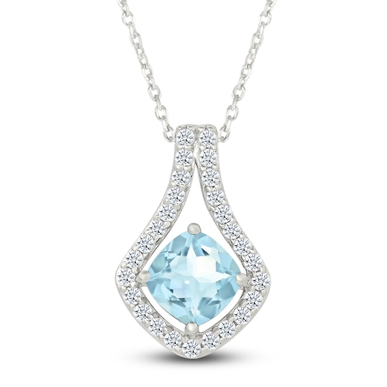 Cushion-Cut Natural Aquamarine & White Lab-Created Sapphire Halo Necklace Sterling Silver 18"