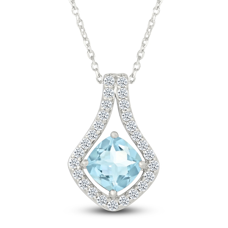 Main Image 1 of Cushion-Cut Natural Aquamarine & White Lab-Created Sapphire Halo Necklace Sterling Silver 18"