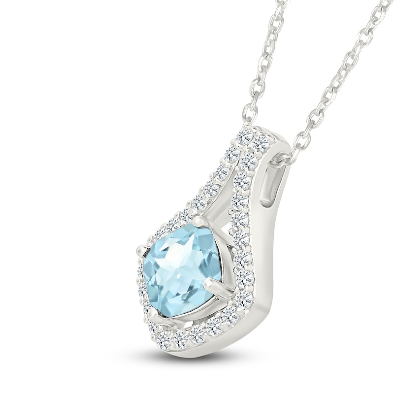 Main Image 2 of Cushion-Cut Natural Aquamarine & White Lab-Created Sapphire Halo Necklace Sterling Silver 18"