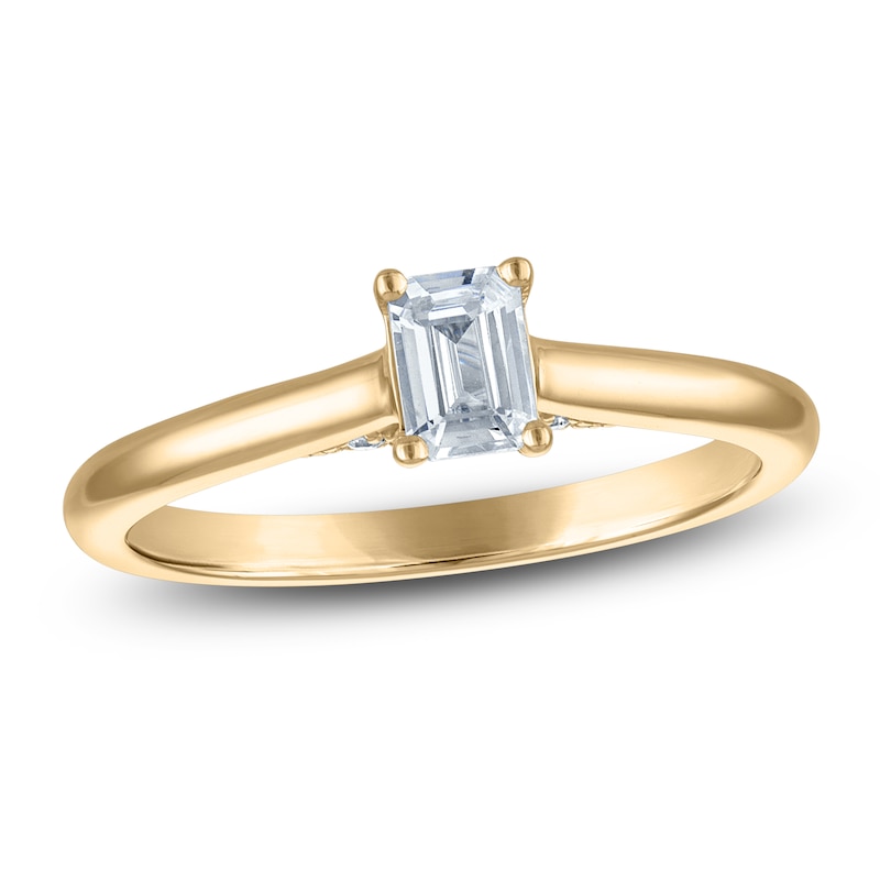Main Image 1 of Emerald-Cut Lab-Grown Diamond Solitaire Plus Engagement Ring 1/2 ct tw 18K Yellow Gold (VS2/F)