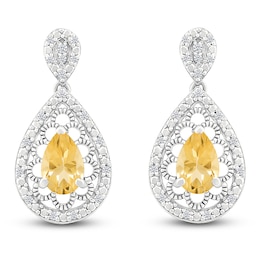 Pear-Shaped Natural Citrine & Diamond Dangle Earrings 1/6 ct tw Sterling Silver